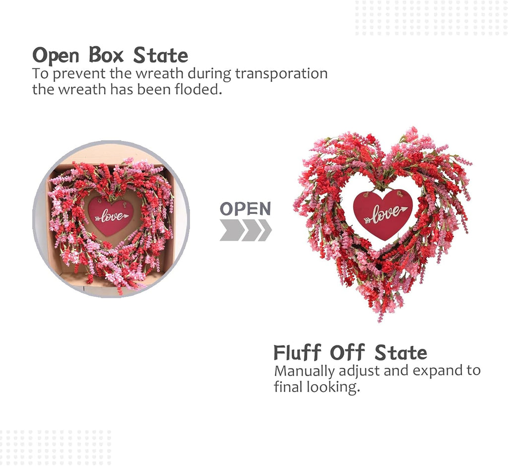 18 Inch Valentine's Day Wreath for Front Door Spring/Summer Red Flower Heart Wreath with Sign for Wedding Window Home