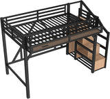 Twin XL Size Loft Bed with Stairs and Wardrobe,Heavy Duty Metal Loft Bed Frame with Shelves,LED Lights and Charging