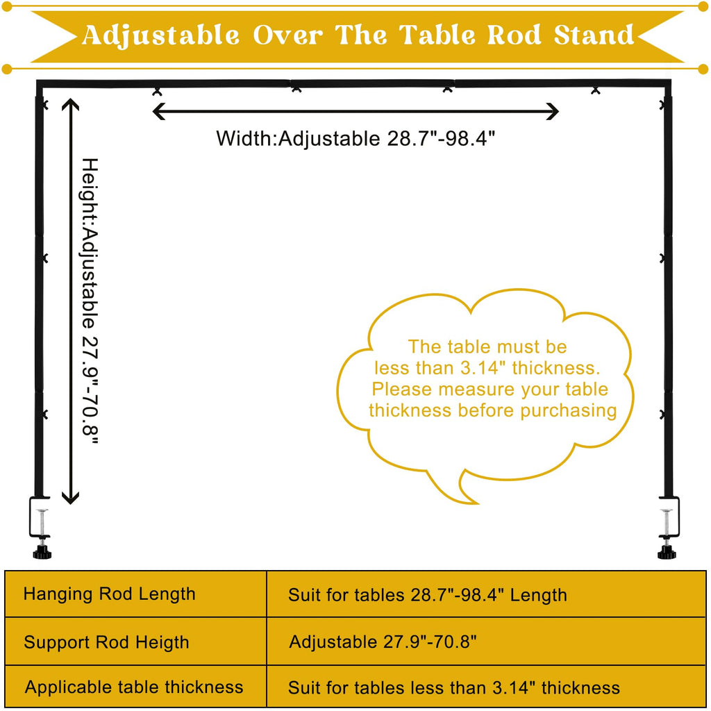 Over The Table Rod Stand with Clamps Metal Table Arch, Adjustable 13''-42'' Tall, 29''-98'' Length, Ideal for