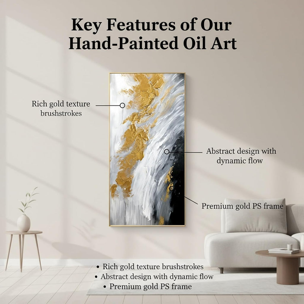 Hand-Painted Black and White Abstract Oil Painting on Canvas for Entrance-Hall, Framed Gold Wall Art ,Large 3D Wall