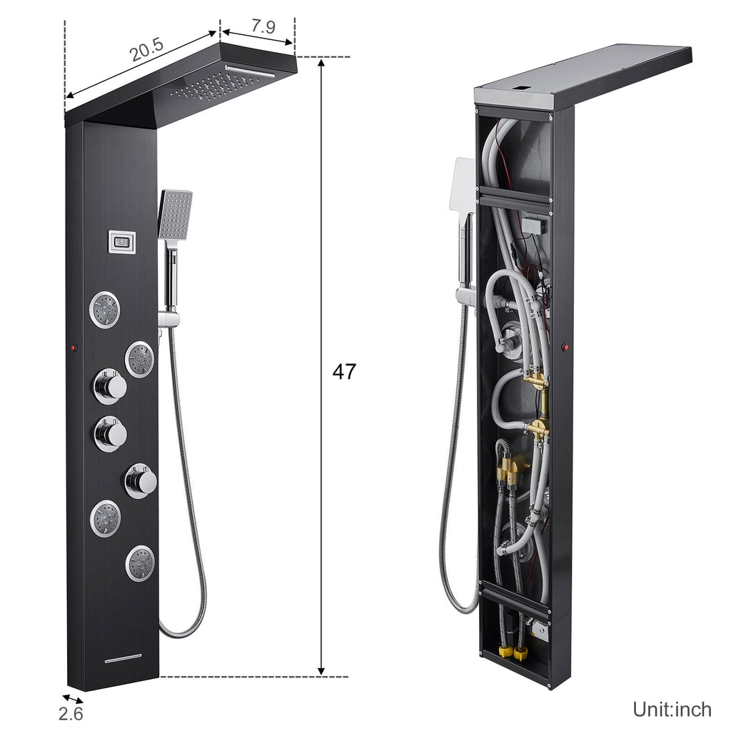 5-in-1 LED Shower Panel Tower System Stainless Steel Black