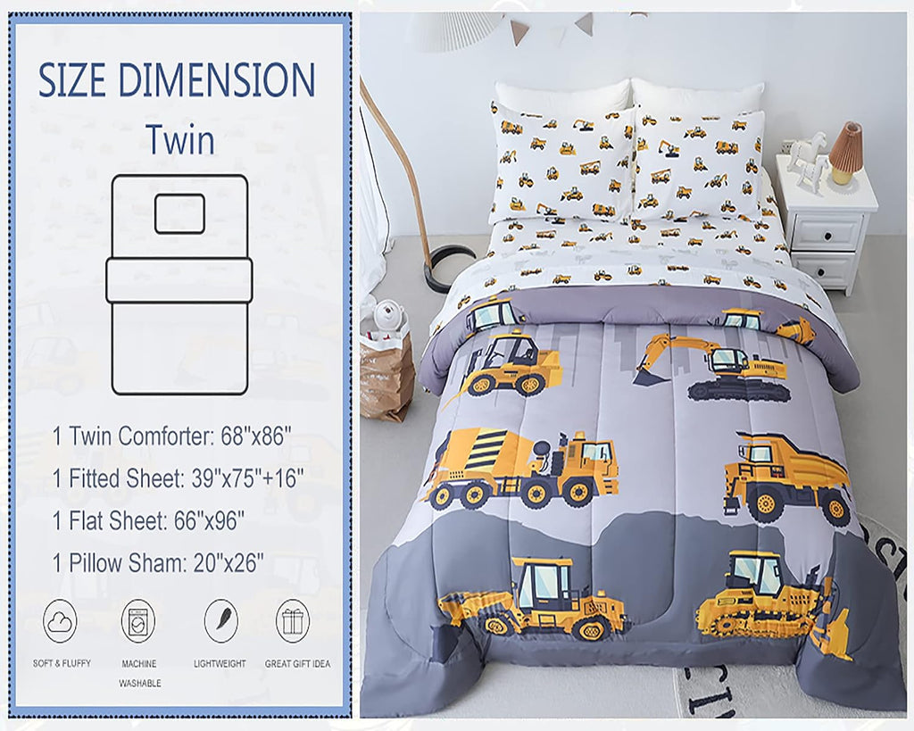 Twin Comforter Set for Boys, 4-Piece Bed in a Bag, 3D Construction Bedding Comforter Sheet Set, Ultra Soft and