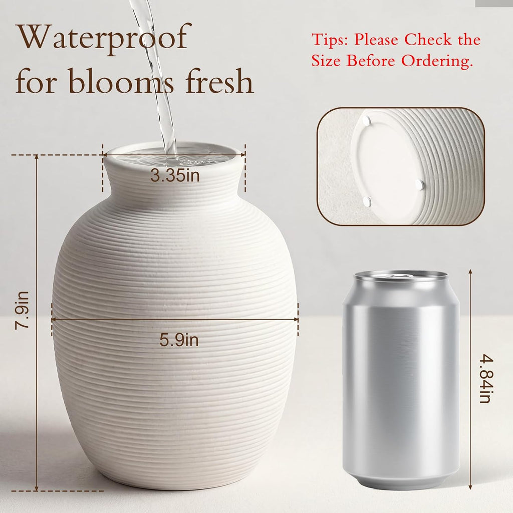 Ceramic Vase Home Decor, 8in White Waterproof Pottery Vases, Flower Terracotta Vases