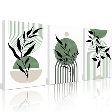 Mid Century Modern Wall Art Set of 3 Sage Green Canvas Wall Art Boho Prints Green Wall Decor Black Beige Abstract