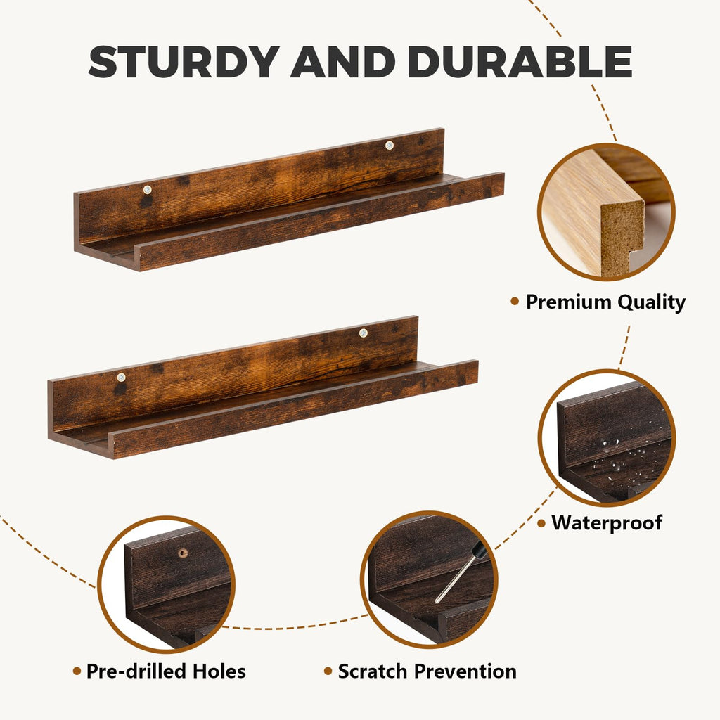 35.4" Large Floating Shelves Wood Wall Shelf with Lip, 2Pcs, Brown