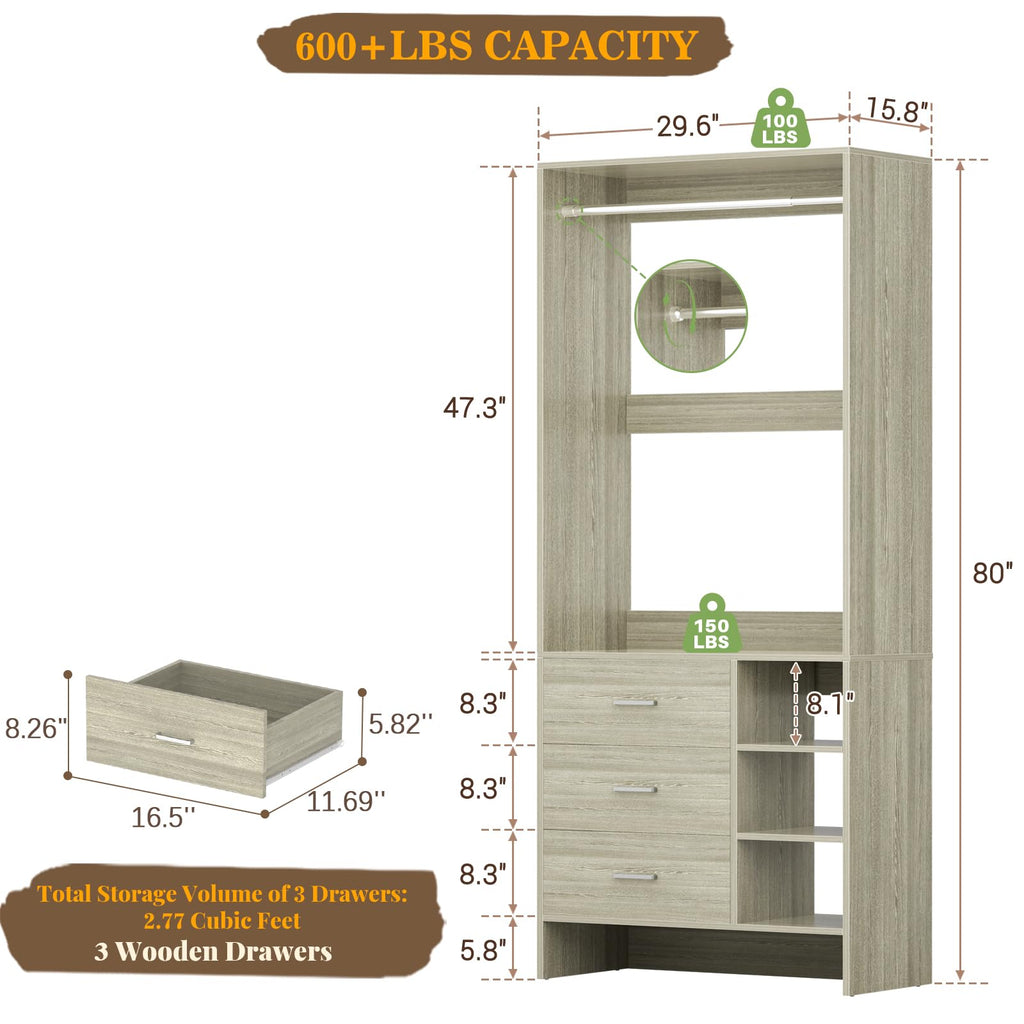 2.5FT Closet System with 3 Drawers - E6, White Oak