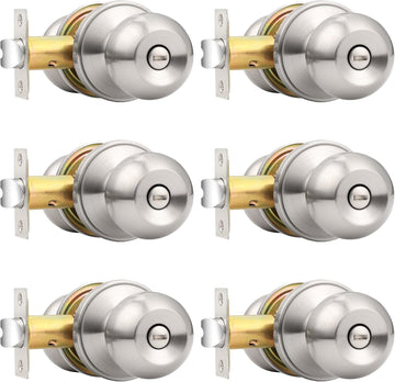 Privacy Interior Door Knobs Stainless Steel, Keyless Door Locks Bathroom, Brushed Nickel, 6 Pack