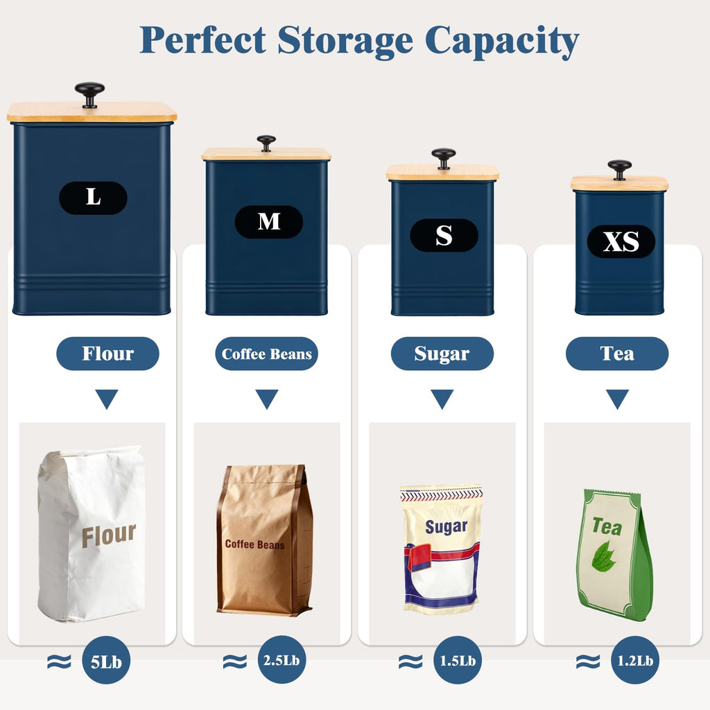 Kitchen Canisters Set 4, Dark Blue Metal Airtight Kitchen Storage Containers