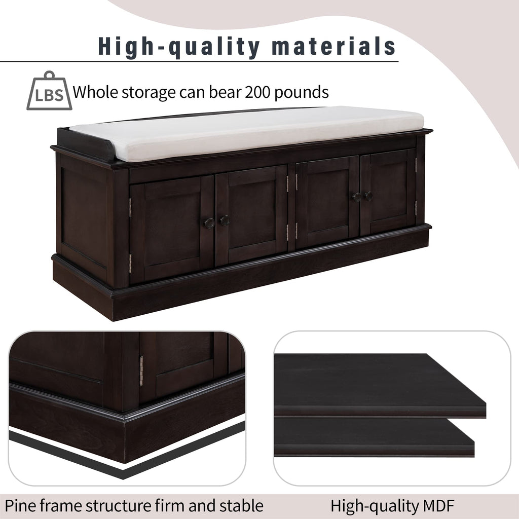 Farmhouse Storage Bench, Wood Storage Benches with Adjustable Shelves, Shoe Bench with Storage and Removable Cushion