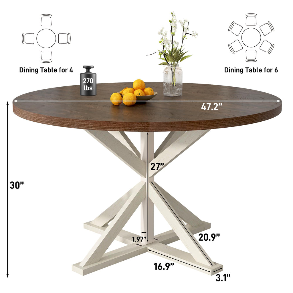 Round Wood Dining Table, Farmhouse Dinner Tables W/Thickened Brown Waterproof Tabletop for 4 People, 47 inch Rustic