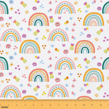 Boho Rainbow Fabric by The Yard, Watercolor Flowers Hearts Polyester Fabric, Cartoon Bohemian Fabrics Panels for