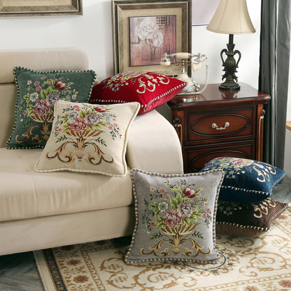 2 Pcs Gray Chenille Vintage Embroidered Throw Pillow Covers 18x18in, Grey Tassel Vintage Pattern Pillow Covers, Floral