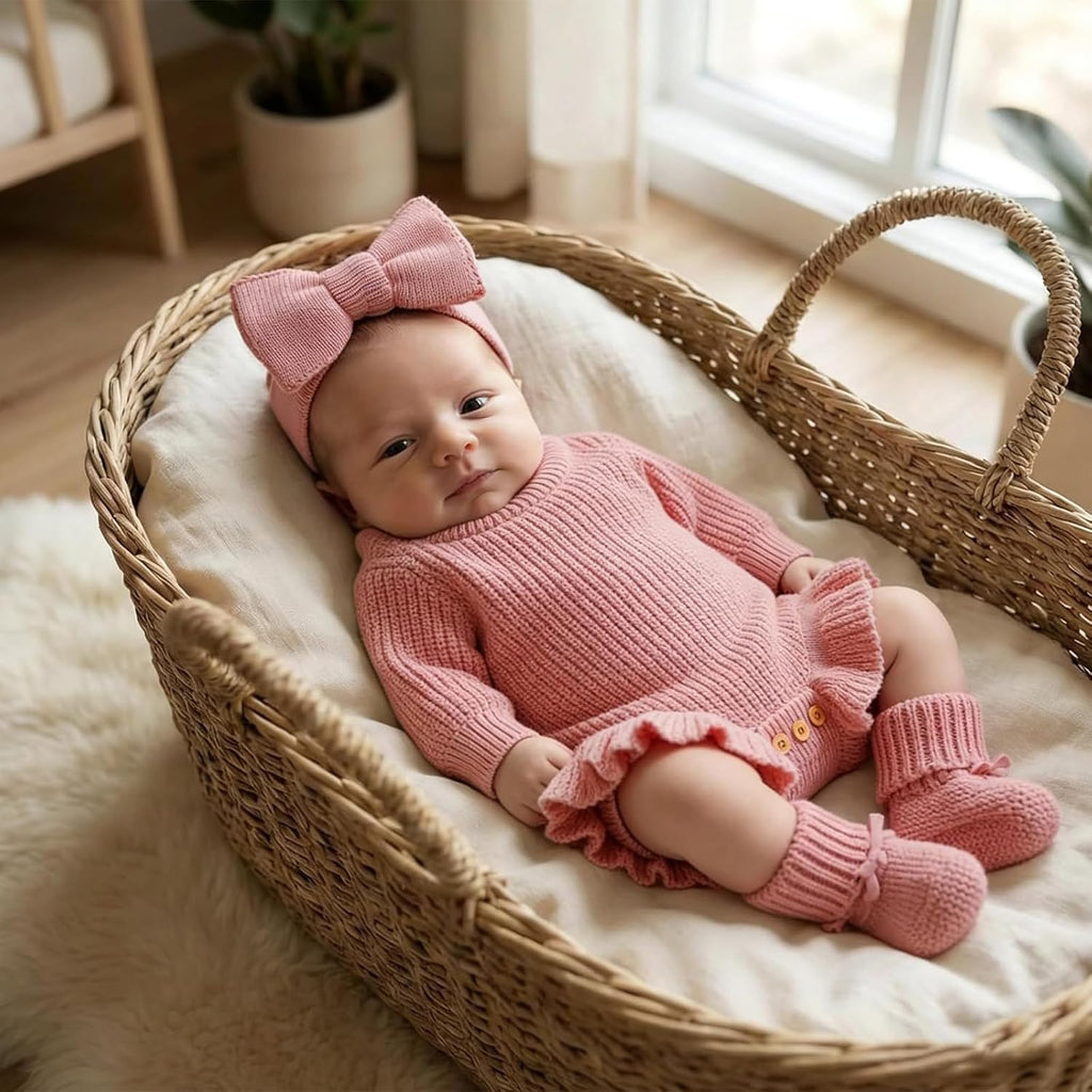 Cotton Newborn Set with Knit Sweater, Hair Band, Booties, Baby Girls