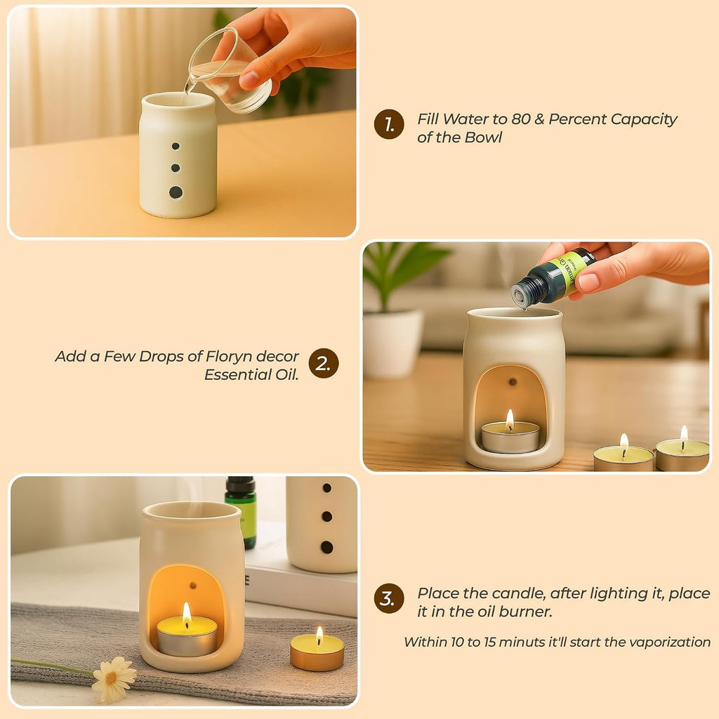 Hamira Decor Aroma Diffuser Set - Ceramic Oil Burner with 2 Tealight Candles & 10ml Essential Oil - Compact & Elegant - Set of 3