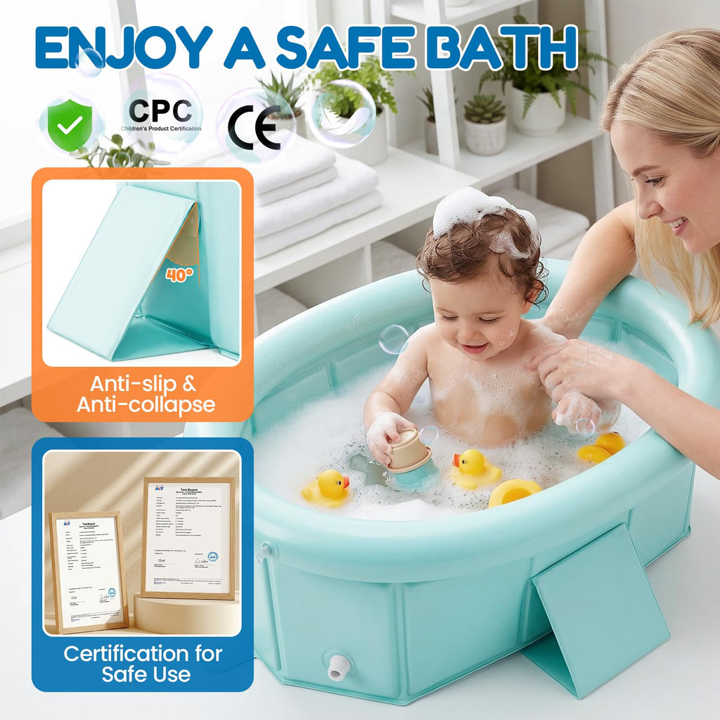Portable Toddler Bathtub with Inflatable Top Edge & Side Drain Plug