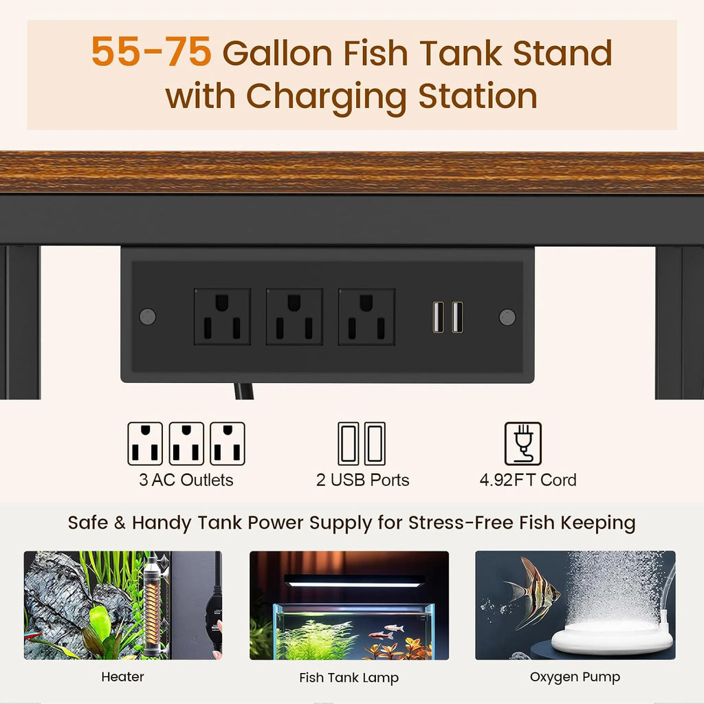55-75 Gallon Aquarium Stand, Heavy Duty Fish Tank Stand with Charging Station, 850LBS Capacity Metal Frame Aquarium