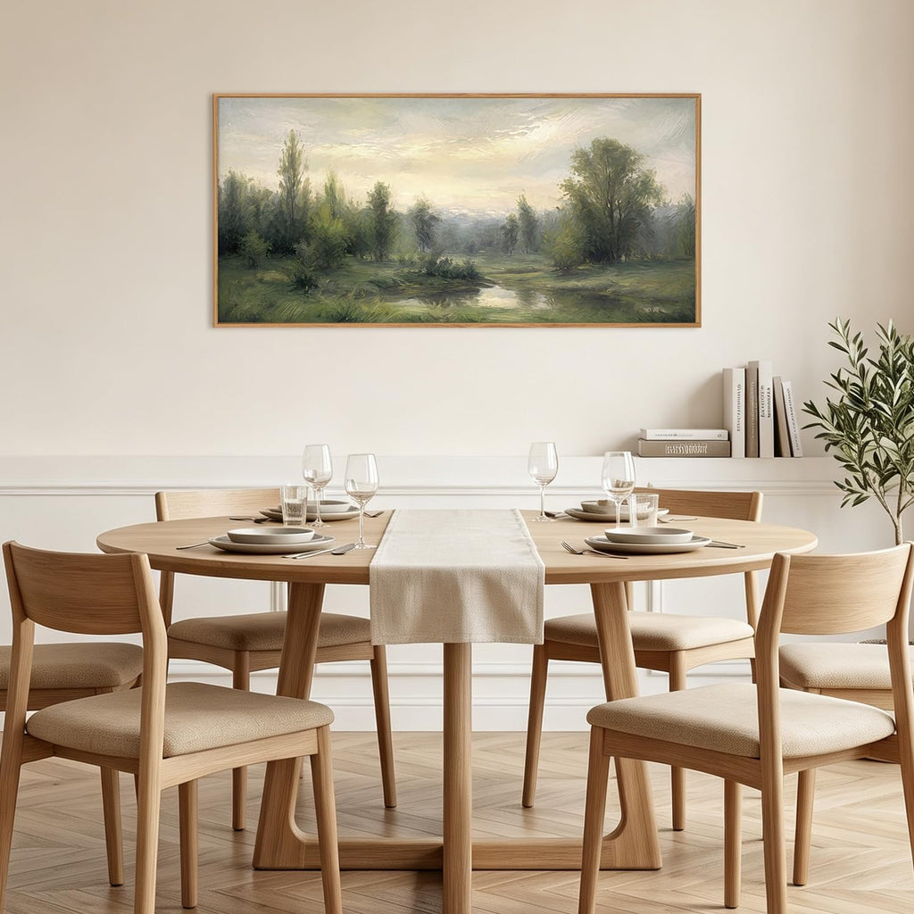 Abstract Monet Forest Canvas Wall Art 40x20 Inch Vintage Framed Sage Green Nature Painting Textured Neutral Woodland