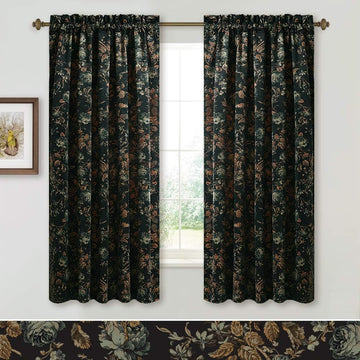 Black Velvet Curtains 84 Inches Long Retro Floral Drapes 2 Panels