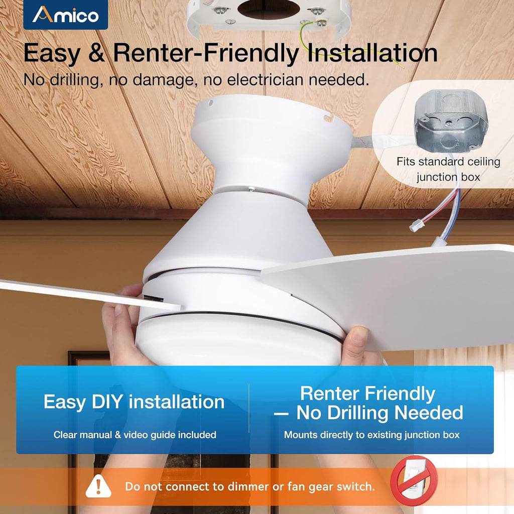 Ceiling Fans with Lights, 42 inch Low Profile Ceiling Fan with Light and Remote Control, Flush Mount, Reversible, 3CCT, Dimmable, Noiseless, White Ceiling Fan for Bedroom, Indoor/Outdoor Use A102-B0C61JL3HL