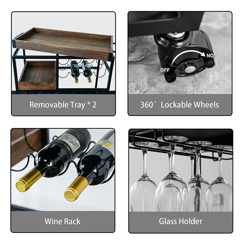 Bar Cart Industrial Mobile Kitchen Serving Carts 3 Tier Storage Trolley with Wine Rack Glasses Holder Two Portable