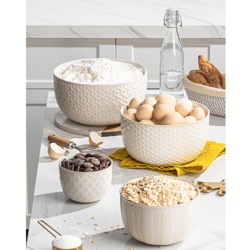 Ceramic Mixing Bowls, Embossed Nesting Bowls Set of 4, Mixing Bowl Set for Serving, Baking, Cooking and Gift