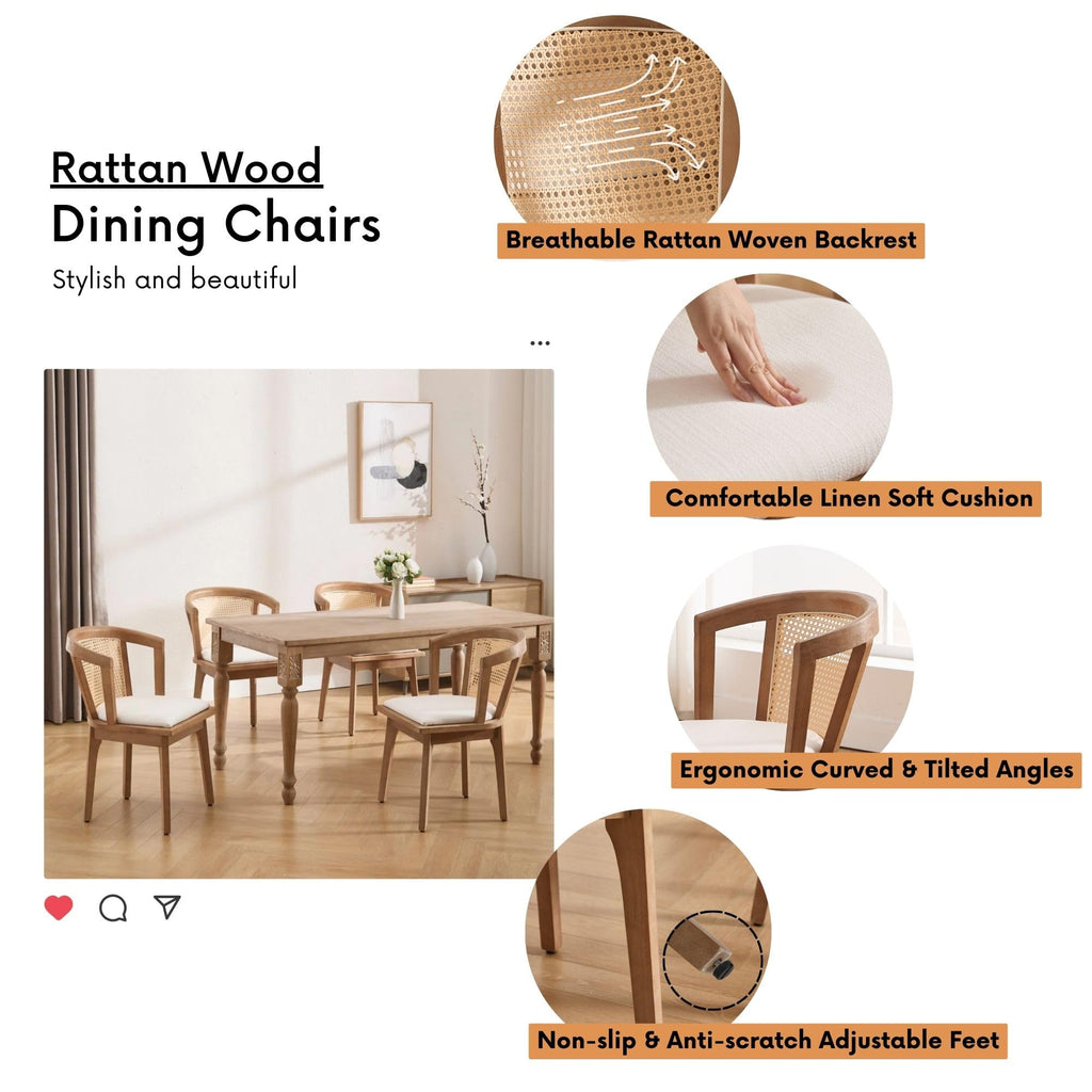 Rattan Dining Chairs Set of 2, Mid Century Modern Farmhouse Wood Dining Room Chairs, Upholstered Comfortable Kitchen