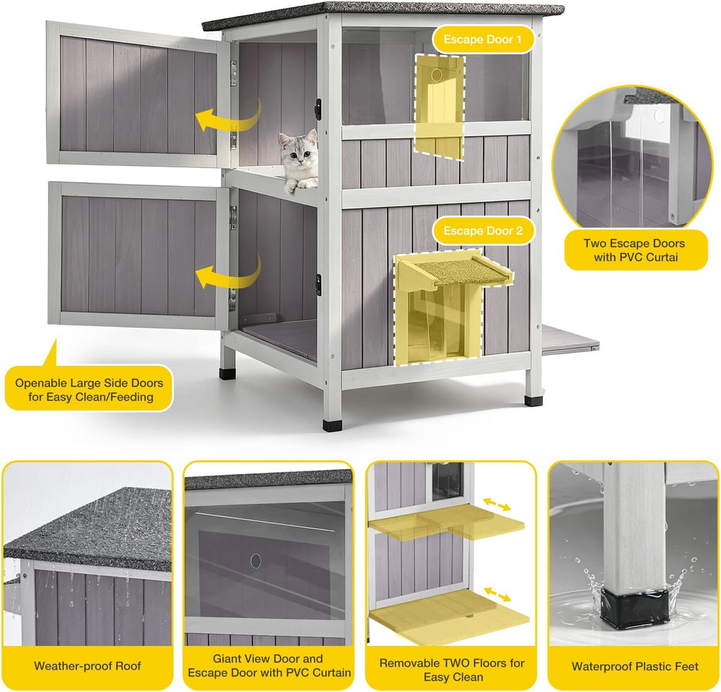 2-Story Cat House for Outside Waterproof Upgraded Grey
