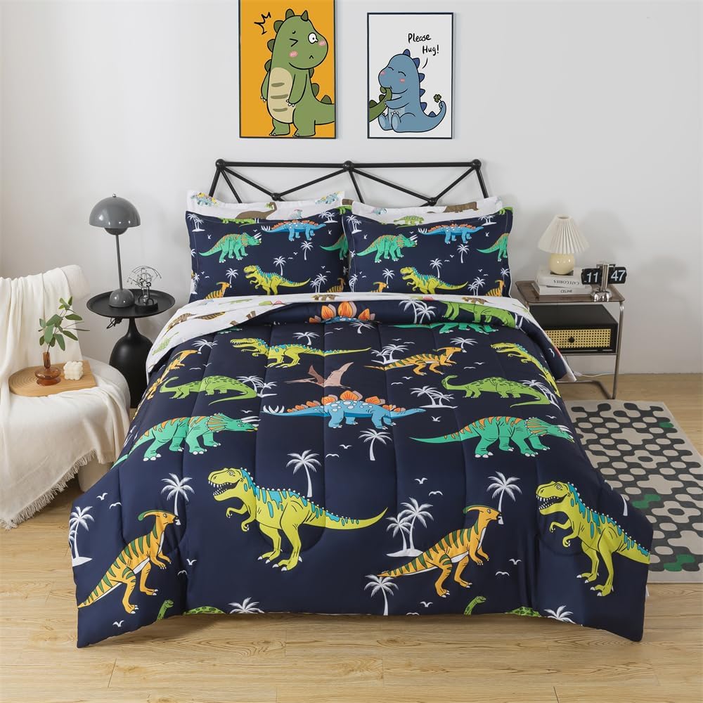 7 Pieces Dinosaur Comforter Full Kids Jungle Dinosaur Bedding Set Bed in A Bag for Boys T-Rex Dino Comforter and Sheets Set for Teens Girls Coco Animal Bed Sets Home Decor