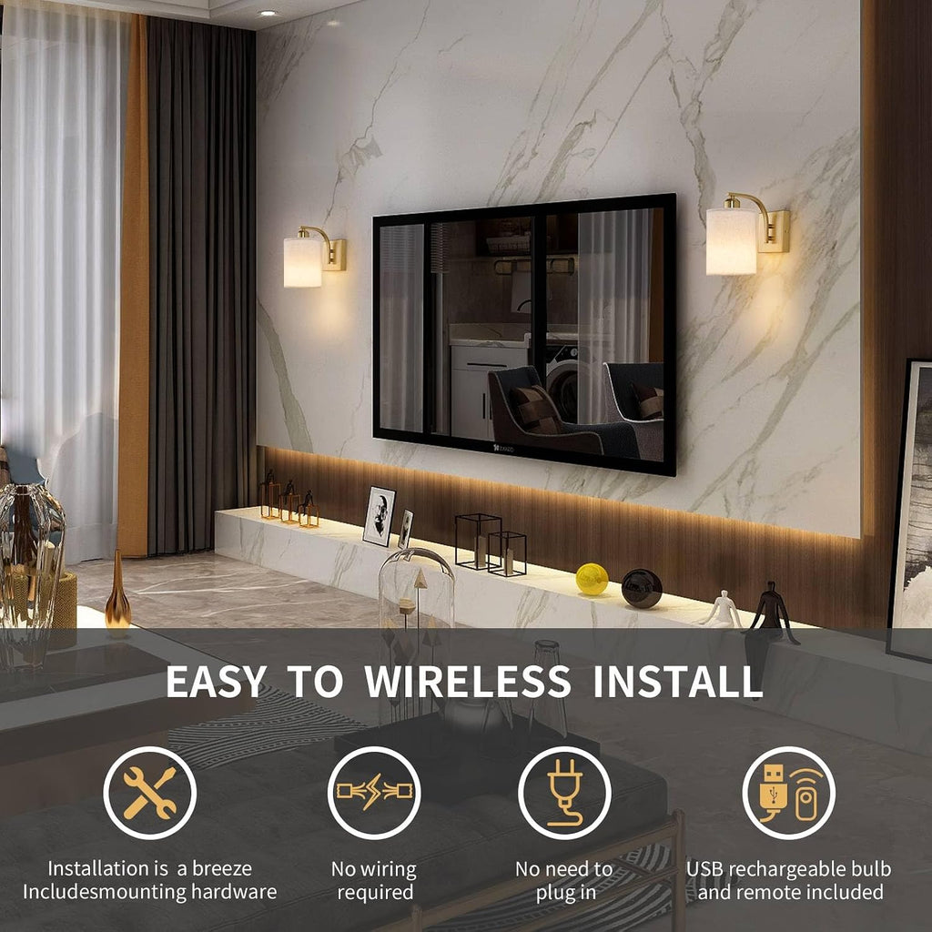 Gold Rechargeable Wall Sconces Set of 2 with Remote, Wireless Battery Operated Dimmable LED Wall Lights, Cordless