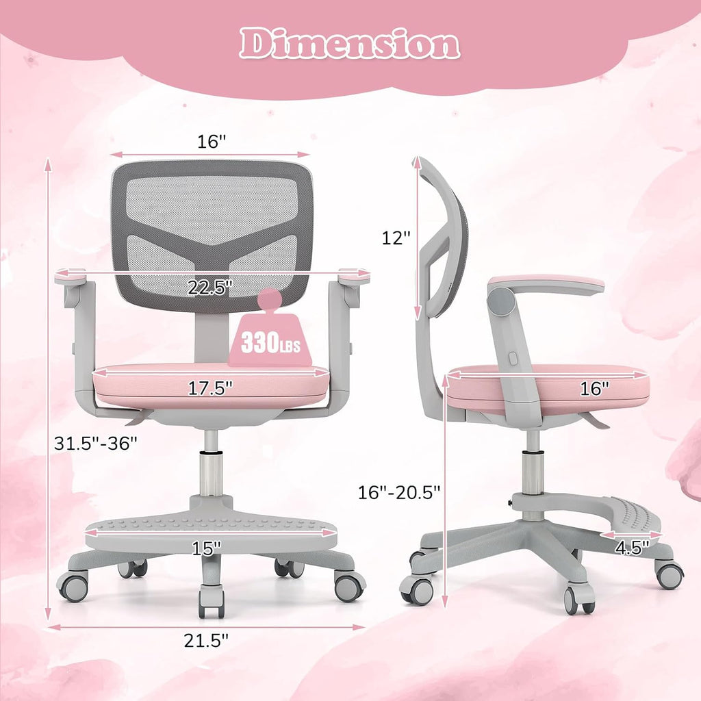 Kids Desk Chair, Ergonomic Adjustable Student Rolling Chair with Footrest & Flip-up Armrest, Mesh Children Office