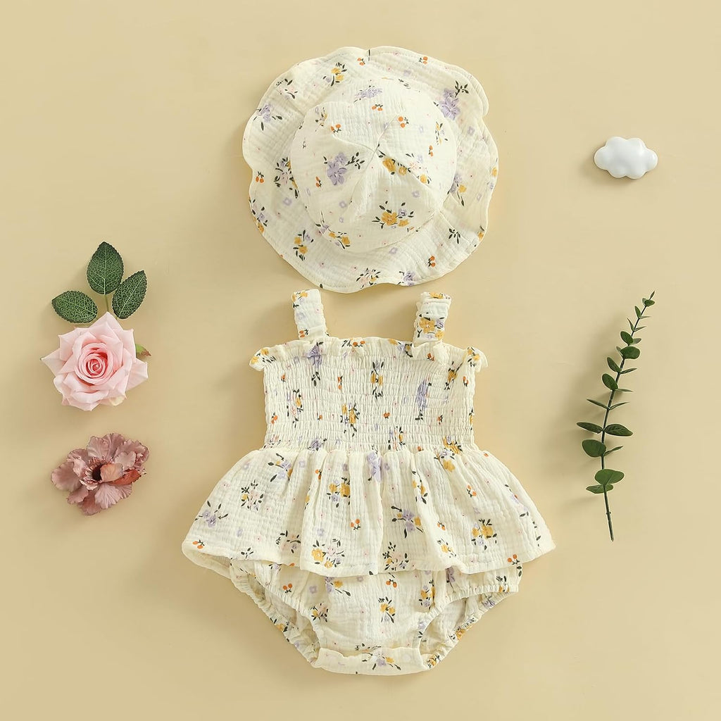 Baby Girl Clothes Summer Dress Cotton Linen Romper Sleeveless Smocked Rompers Sun Dress Hat Skirt Boho Outfits