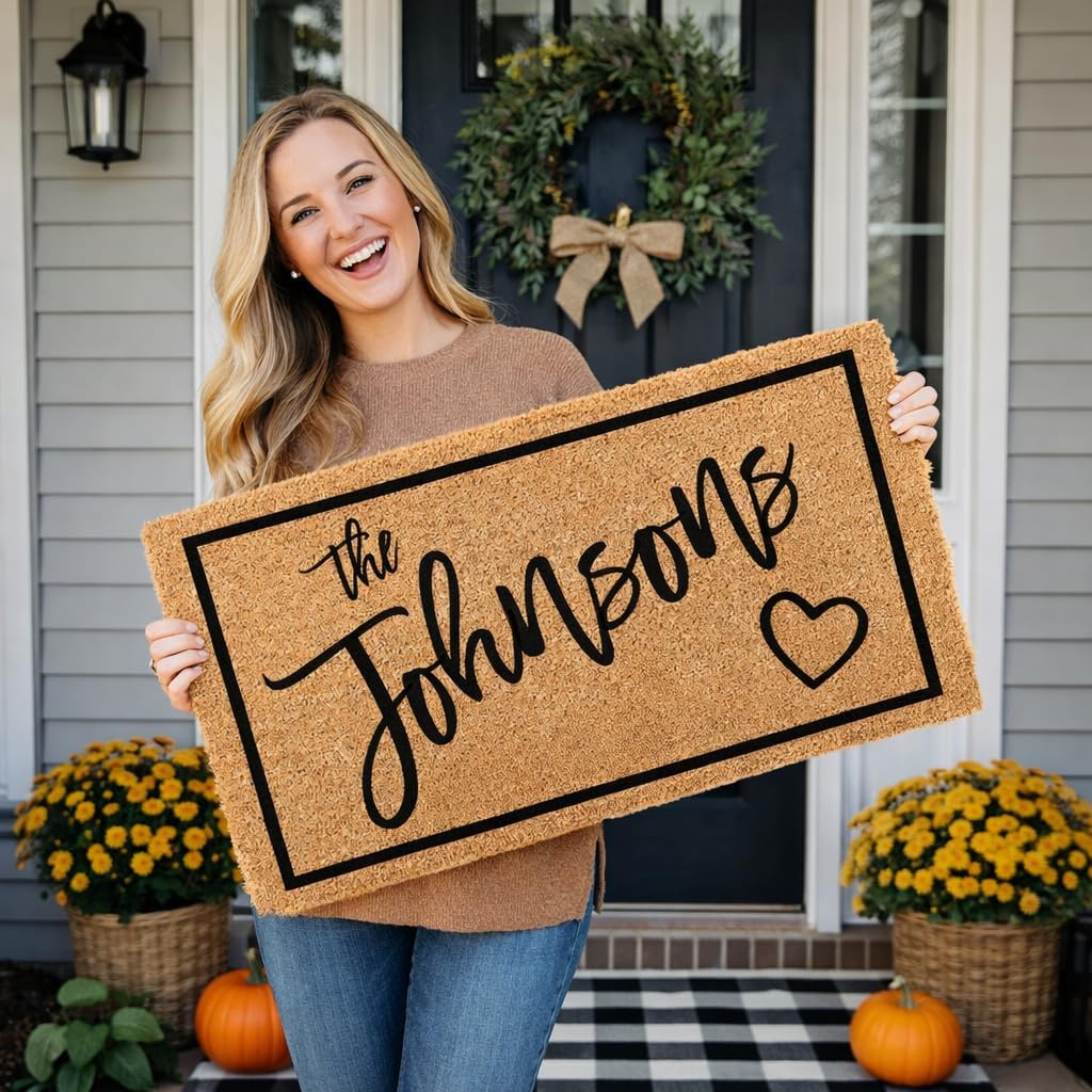 Personalized Doormat with Family Name - Custom Coir Welcome Mat, Monogram Front Door Mat, 10 Designs, 3 Sizes