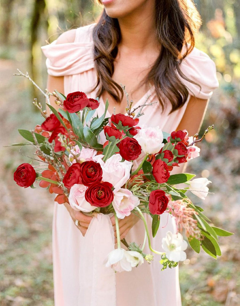 Silk Ranunculus Artificial Flowers 5PCS Long Stem Red Fake Peonies 21.65" Real Look Faux Ranunculus Flowers for