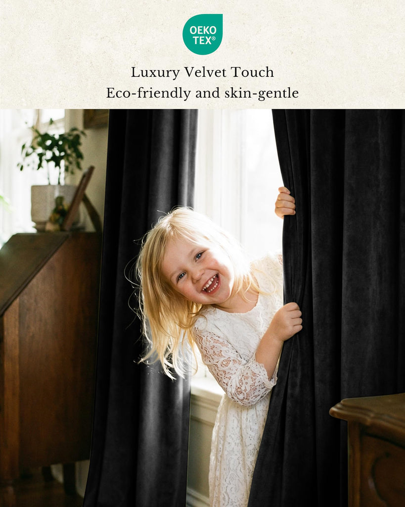 Black Blackout Velvet Curtains 108 inches, 2 Panels