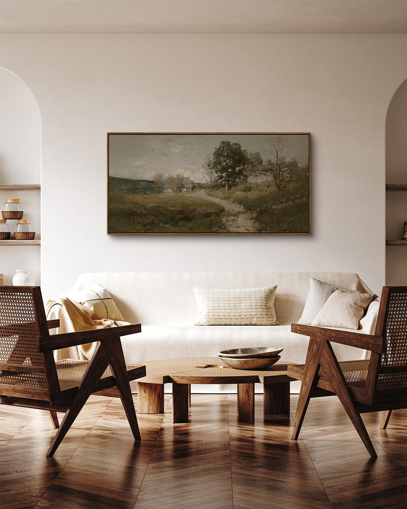 Extra Large Framed Vintage Wall Art, Rustic Landscape, 48x24in