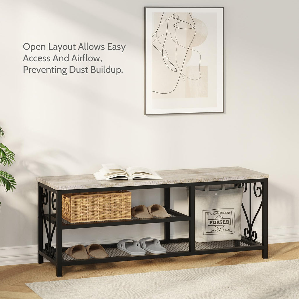 Entryway Storage Bench with Shoe Rack, 47.2" Wide Hallway Bench with Seating, Rustic Wood Top & Metal Frame, 2-Tier