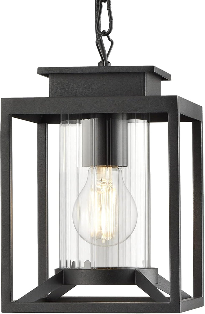 Outdoor Pendant Light for Porch, 1-Light Black Hanging Porch Light Modern Exterior Hanging Lantern with Cylinder