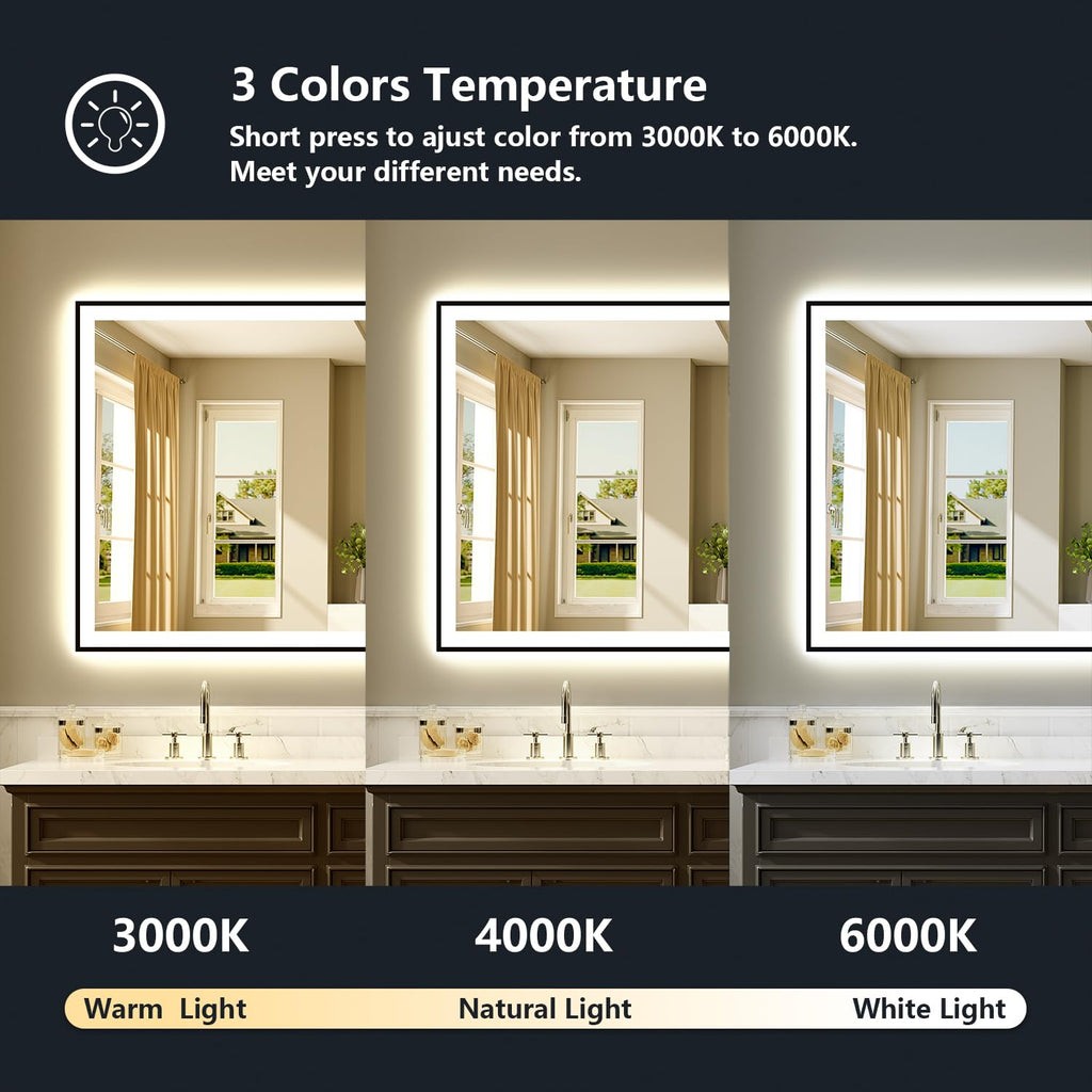 72x36 LED Bathroom Mirror with Lights, Black Framed Lighted Mirror