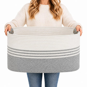 Hamper with Handles, 72L Rope Laundry Basket, Grey & White