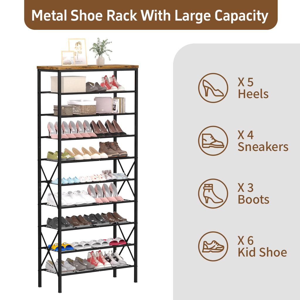 10-Tier Tall Shoe Rack, Large Capacity Shoe Shelf Holds40-45 Pairs, Shoe Shelf, Rustic Brown