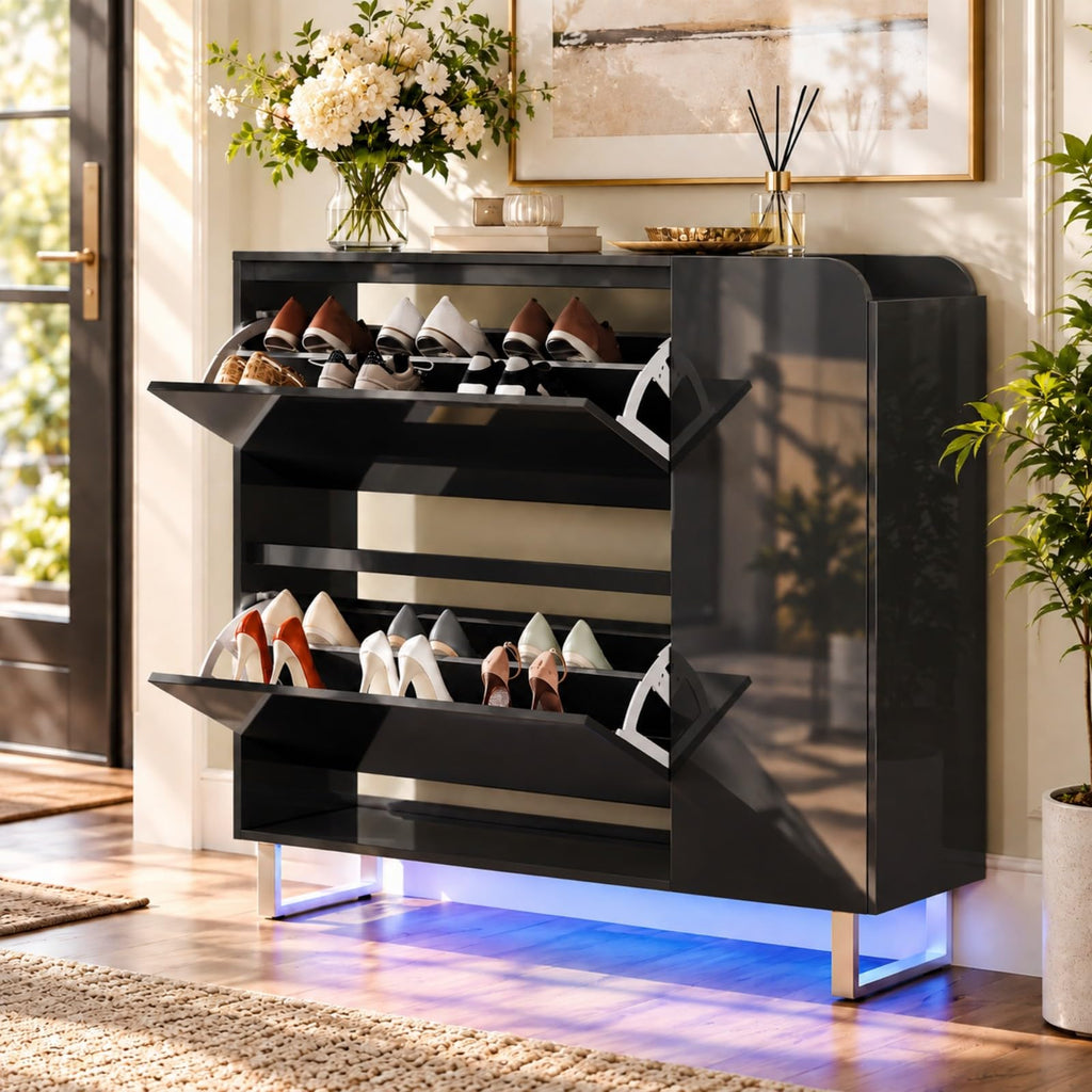 High Gloss Shoe Cabinet, 2 Flip Drawers with LED, Black