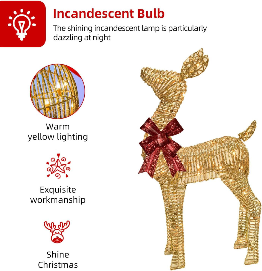 2-Piece Large Lighted Christmas Deer - Outdoor Yard Decoration Rattan Reindeer with 85 LED Lights, Stakes, Zip Ties