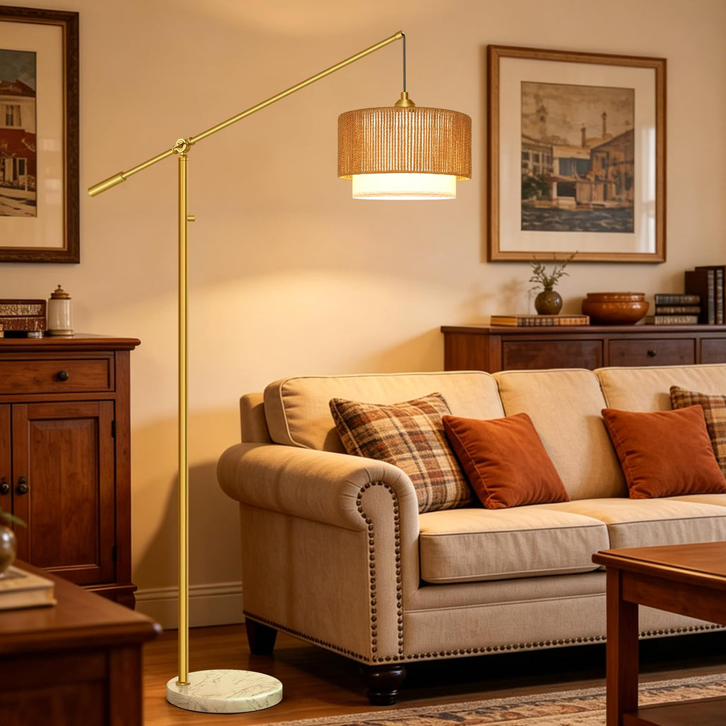 Boho Dimmable Arc Floor Lamp with Adjustable Swing Arm, Gold & Marble Base
