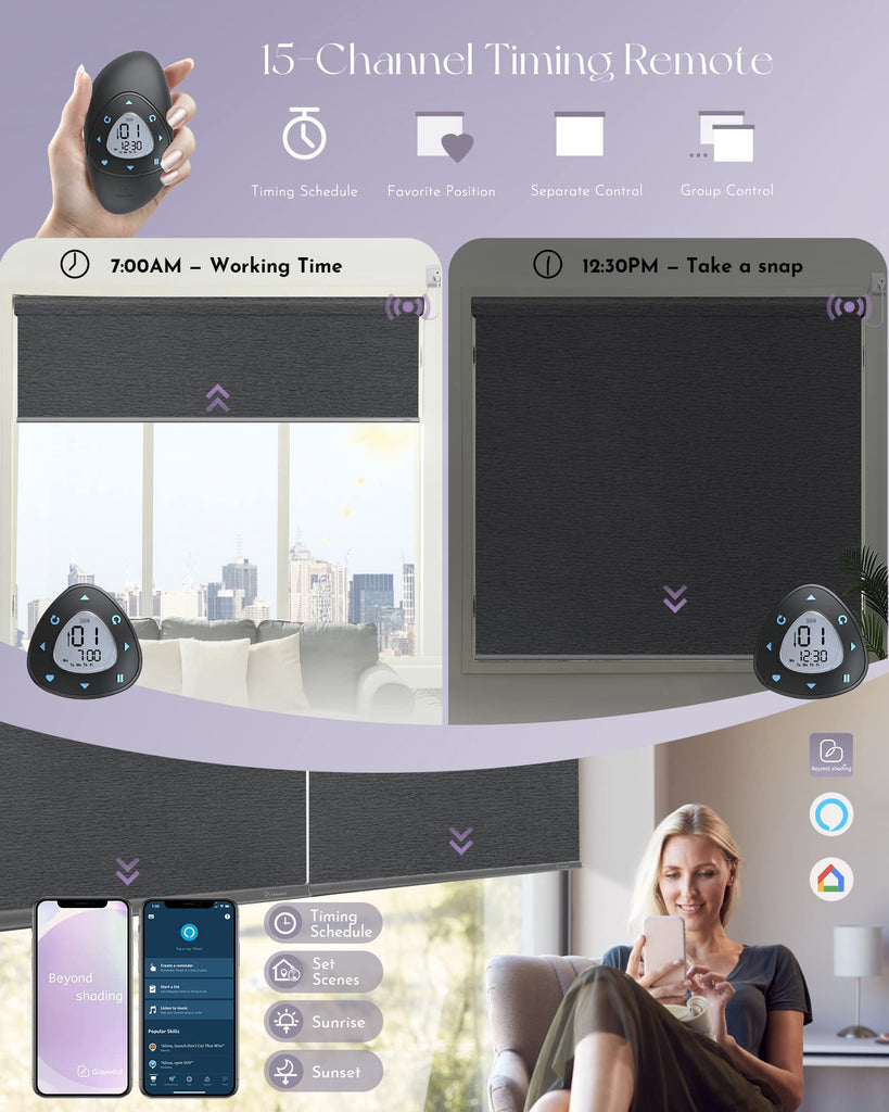 Smart Blackout Roller Shades Compatible with Alexa Google WiFi Hardwired Textured Fabric Motorized Blinds Remote