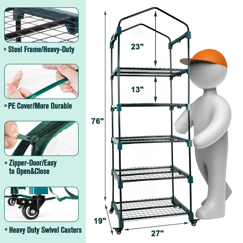Upgraded 5-Tier Mini Greenhouse with Castors Wheels - Portable Small Gardening Green House with PVC Cover - Heavy