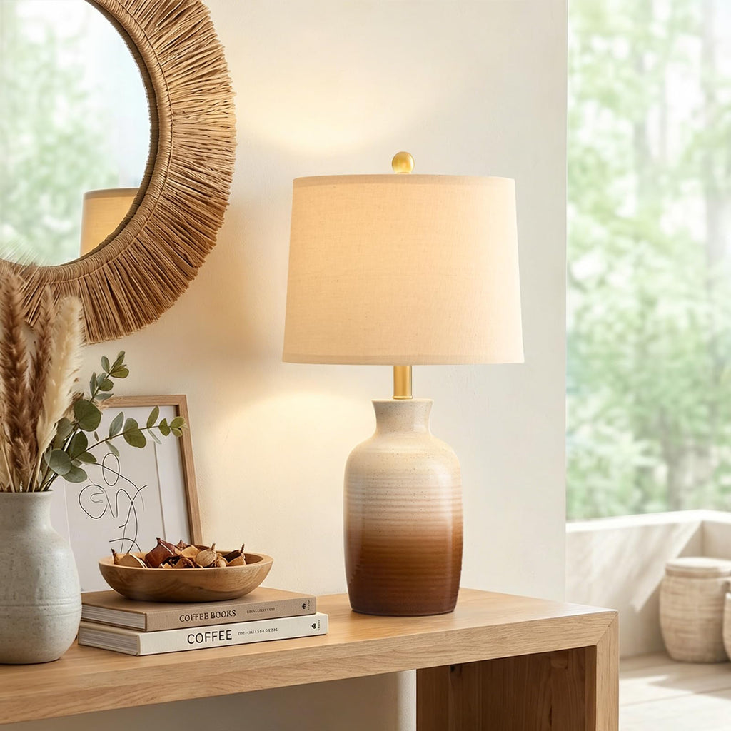 24'' Farmhouse Handcrafted Table Lamp, Rustic Ceramic Bedroom Lamps for Night Stands, Bedside Lamps with Soft Ombre