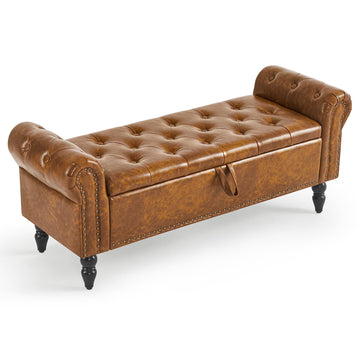 Storage Ottoman Bench, Leather Benches End of Bed Bench with Solid Wood Legs Upholstered Ottoman Bench with Storage