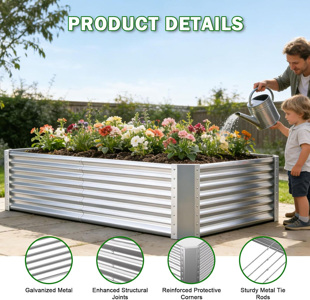 8x4x2ft Raised Garden Bed, Deep Root Planter Box, Silver,1 Pack | 1mm Thick Galvanized Steel, Resists Rust Bowing