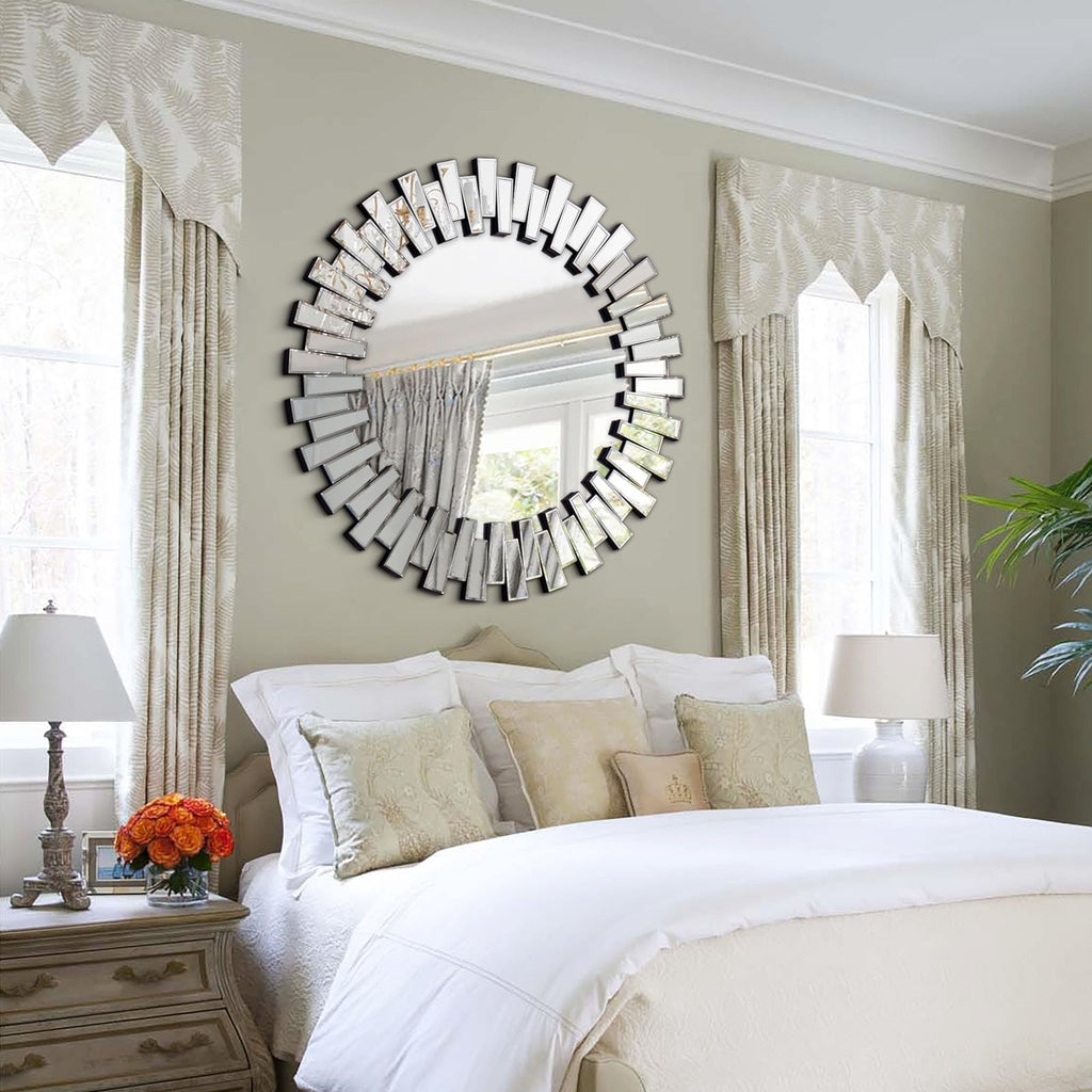 Round Mirrors for Decor, 44'' Large Decorative Wall Mirror with 3D Frame Beveled Glass, Frameless Circle Mirror