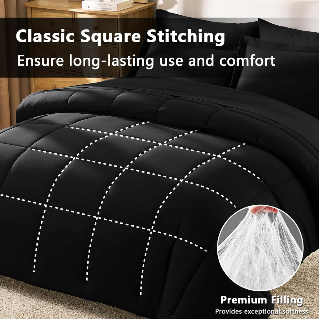 Queen Comforter Set Black - 7 Pieces Bed in a Bag Queen, All Season Soft Bedding Set